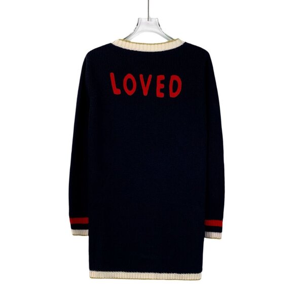 DW0178 Gucci Navy Wool Cardigan With Ivory Trim Red "Loved" Back Detail - Picture 2 of 8